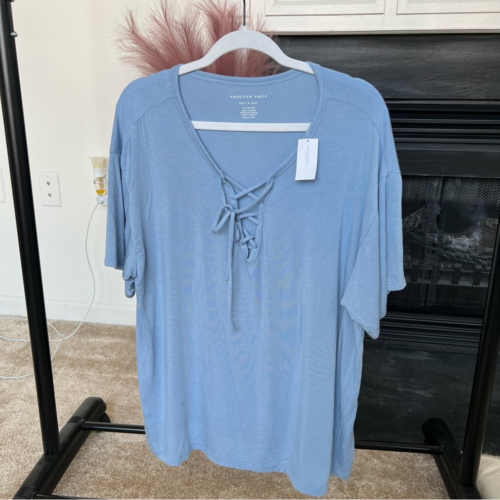 American Eagle Outfitters Blue Lace-Up Women's Top